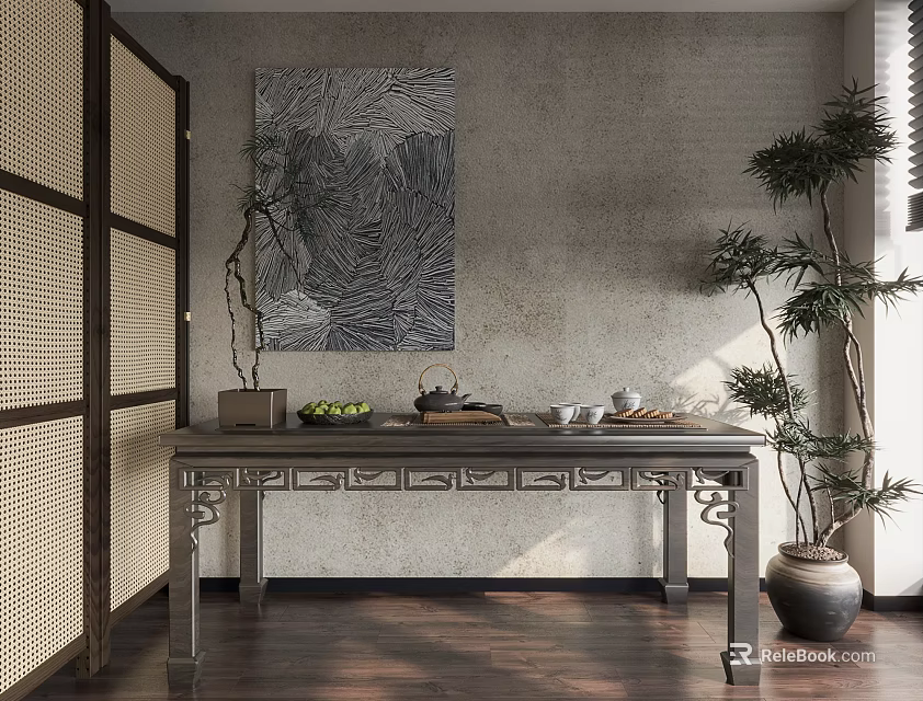 Traditional Chinese Tea Set On Wooden Table With Screen Potted Plant And Wall Art 3d model 