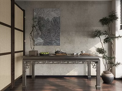 Traditional Chinese Tea Set On Wooden Table With Screen Potted Plant And Wall Art 3d model