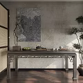 Traditional Chinese Tea Set On Wooden Table With Screen Potted Plant And Wall Art