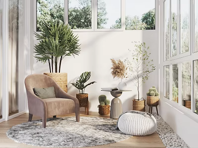 Velvet Armchair In Bright Living Space With Green Plants Round Rug And Small Table 3d model