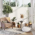 Velvet Armchair In Bright Living Space With Green Plants Round Rug And Small Table