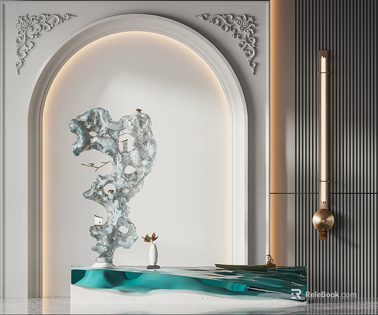 Blue Green Sculpture on Wavy Countertop with Arched Background Decorative Patterned Wall and Slim Lamp 3d model 