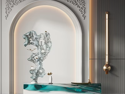Blue Green Sculpture on Wavy Countertop with Arched Background Decorative Patterned Wall and Slim Lamp 3d model