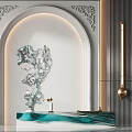 Blue Green Sculpture on Wavy Countertop with Arched Background Decorative Patterned Wall and Slim Lamp