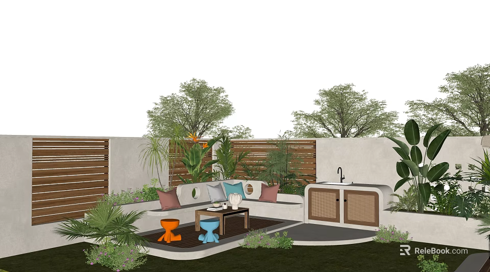 Outdoor Garden Landscape With Green Plants Seating Area And Wooden Screens 3d model 