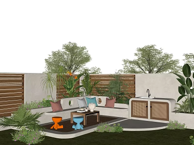 Outdoor Garden Landscape With Green Plants Seating Area And Wooden Screens 3d model