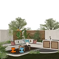 Outdoor Garden Landscape With Green Plants Seating Area And Wooden Screens