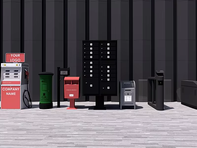 Variety Of Colored Commercial Equipment Featuring Lockers Mailboxes And Company Logos 3d model