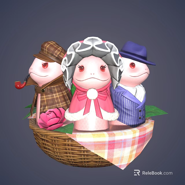 Cartoon Frog Sculptures In Wicker Basket With Plaid Cloth Pink Rose And Green Leaves 3d model 