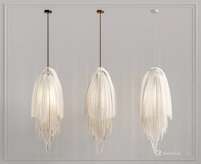 Modern White Fringed Pendant Lights With Black Gold White Cords Against Gray Wall 3d model 