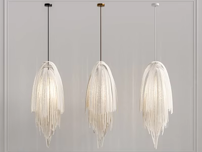 Modern White Fringed Pendant Lights With Black Gold White Cords Against Gray Wall 3d model