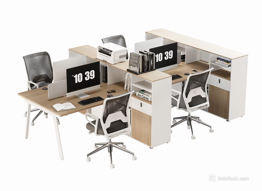 Modern Office Desk Cubicle Setup With Office Chairs Computer Monitors And Digital Clock 3d model
