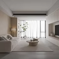 Modern Living Room Interior With Beige Sofa Round Coffee Table And Floor To Ceiling Windows