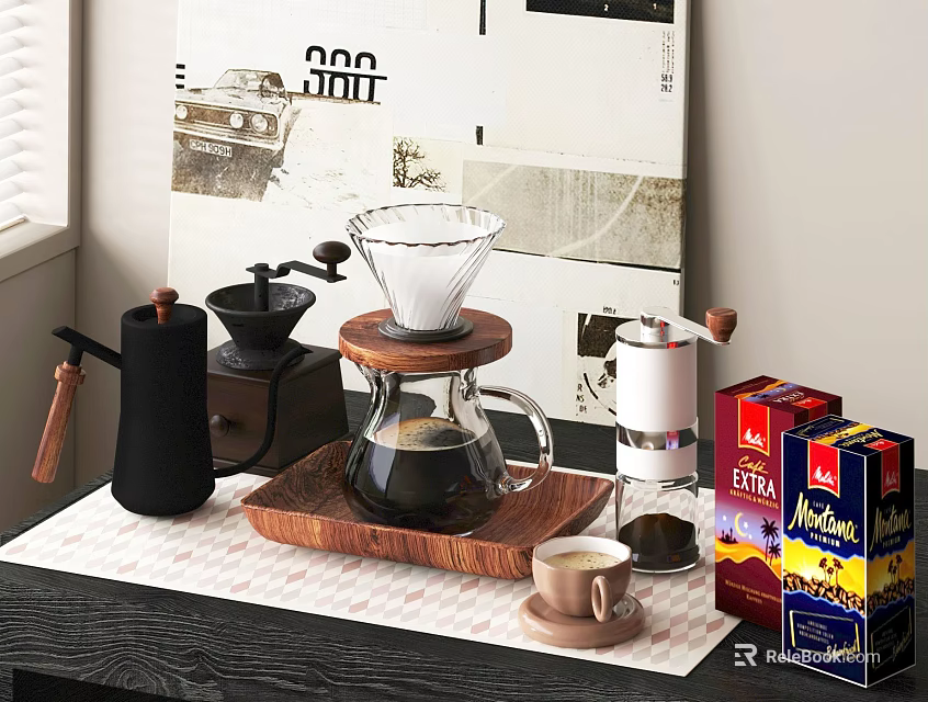 Coffee Corner Setup With Grinder Dripper Pot And Product Boxes On Table 3d model 
