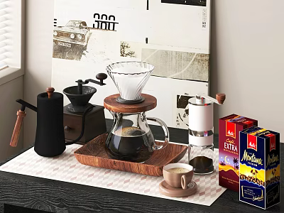 Coffee Corner Setup With Grinder Dripper Pot And Product Boxes On Table 3d model