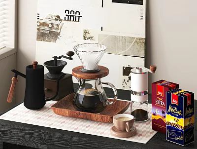 Coffee Corner Setup With Grinder Dripper Pot And Product Boxes On Table 3d model