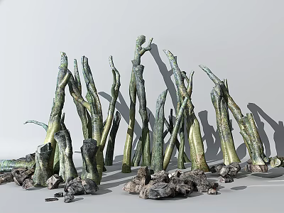 Natural Arrangement of Green Brown Dead Branches with Stones and Wood 3d model