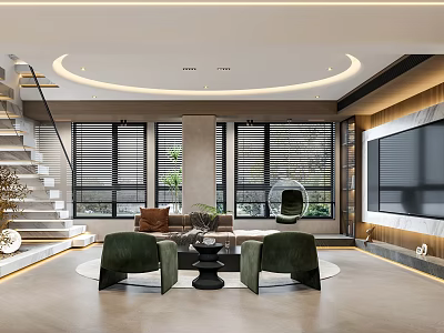 Modern Living and Dining Room Interior With Circular Ceiling Light Green Chairs and Large Windows 3d model