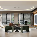 Modern Living and Dining Room Interior With Circular Ceiling Light Green Chairs and Large Windows