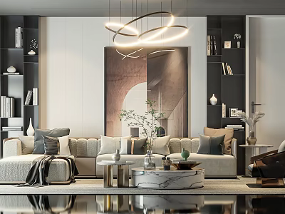 Elegant Modern Sofa And Coffee Table Set With Chandelier Decorative Painting Pillows And Bookshelves 3d model