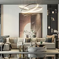 Elegant Modern Sofa And Coffee Table Set With Chandelier Decorative Painting Pillows And Bookshelves