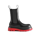 Black Leather Mid Calf Boots With Red Thick Soles And Elastic Panels