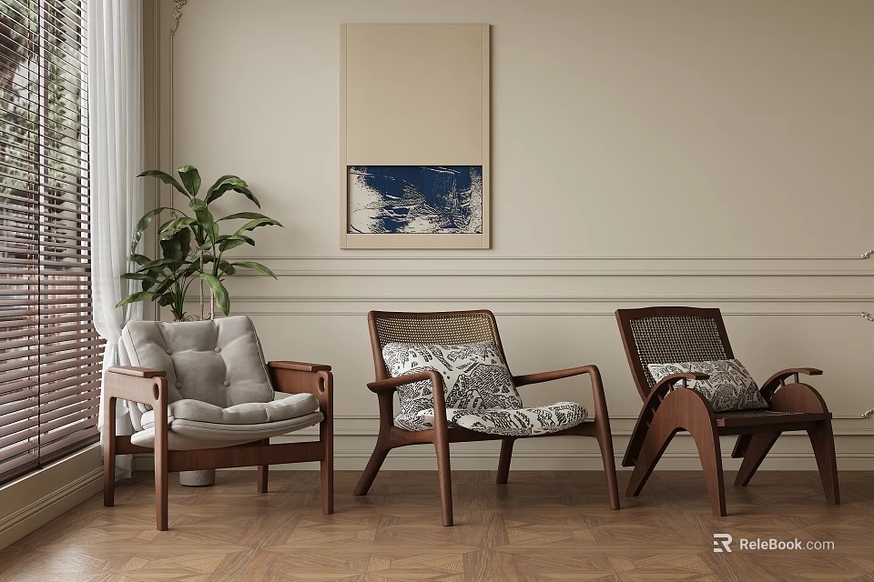 Modern Leisure Chairs in Living Room with Wooden Frame Potted Plant and Wall Art 3d model 