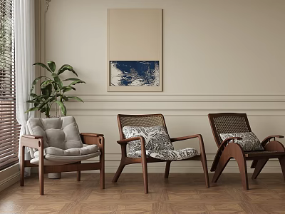 Modern Leisure Chairs in Living Room with Wooden Frame Potted Plant and Wall Art 3d model