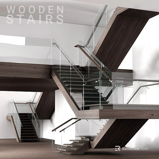 Modern Staircase Design With Glass Railings Wooden Steps And Open Layout 3d model 