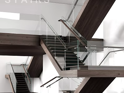 Modern Staircase Design With Glass Railings Wooden Steps And Open Layout 3d model