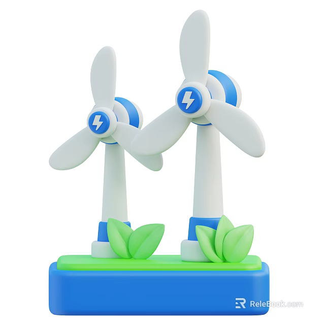 Smart Machines Wind Turbines Generating Renewable Energy with Propellers Lightning Symbols Green Base and Leaves 3d model 