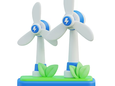 Smart Machines Wind Turbines Generating Renewable Energy with Propellers Lightning Symbols Green Base and Leaves 3d model