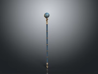 Ornamental Blue And Gold Weapon With Long Staff And Spherical Top Design 3d model