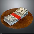 Stack of US Dollar Bills Secured with Red Tape on Round Wooden Board 3d model