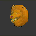 Artistic Orange Lion Head Sculpture With Detailed Textured Surface And Reflective Base