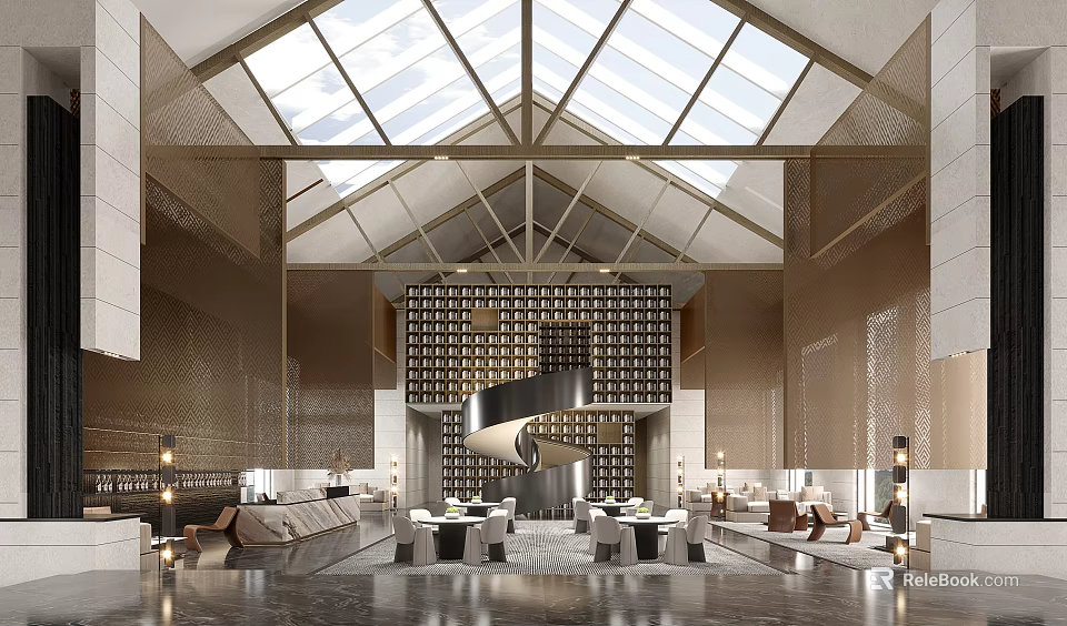 Luxury Modern Sales Office Interior With Glass Skylight Spiral Staircase Wine Rack Wall And Sofas 3d model 