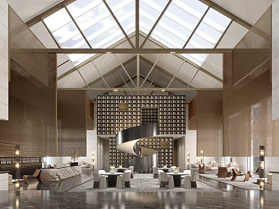 Luxury Modern Sales Office Interior With Glass Skylight Spiral Staircase Wine Rack Wall And Sofas 3d model