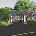 Rural Landscape with Chinese Style Archway Traditional Roof Green Trees Purple Flowers and Pathway