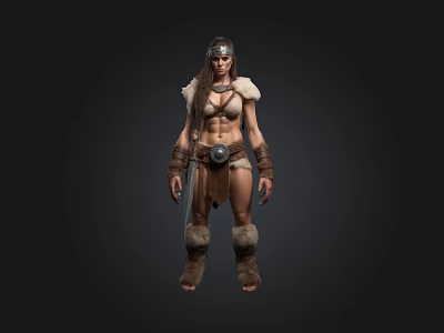 Warrior Woman Character With Fur Armor And Tribal Accessories 3d model