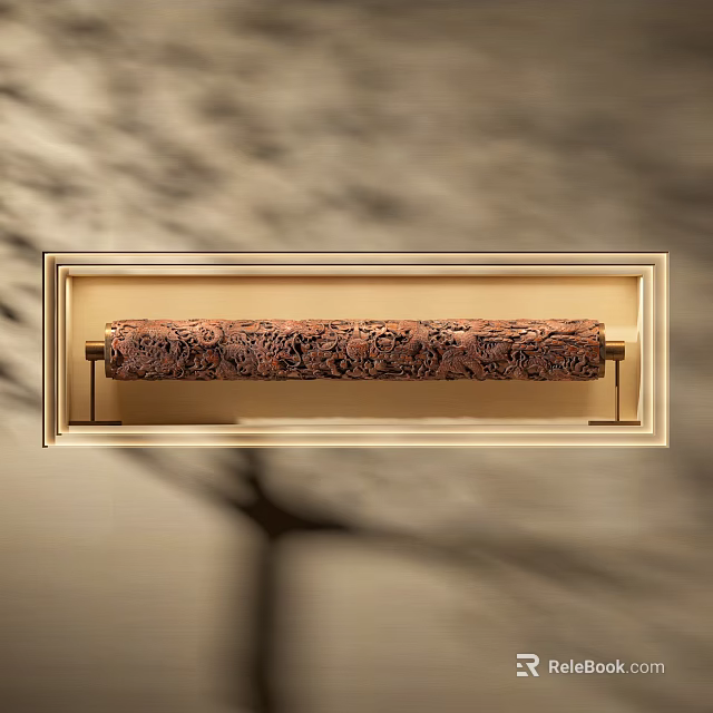 Intricate Carved Sculpture Artwork in Wooden Display Box with Detailed Patterns 3d model 