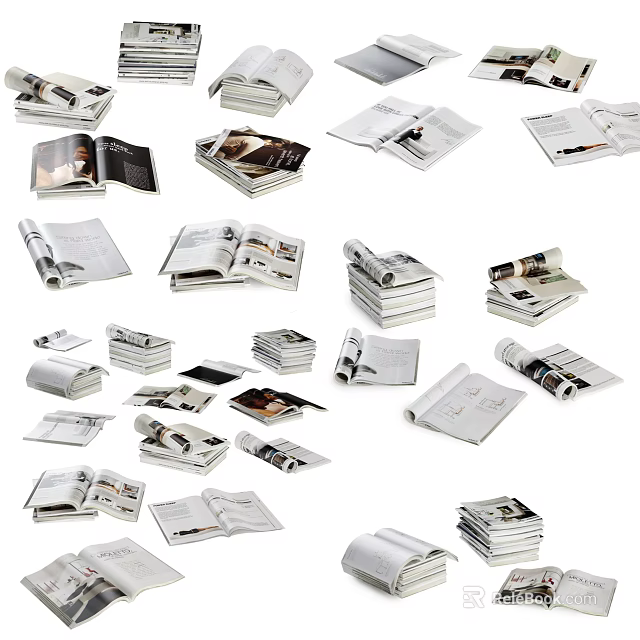 Assorted Open and Stacked Books Magazines with Various Pages and Display Arrangements 3d model 