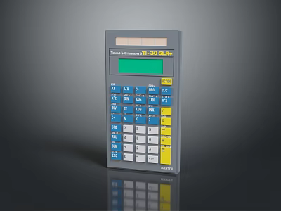 Supercalculator PT-30 Plus With Gray Body Blue Yellow Buttons And Green 3d model