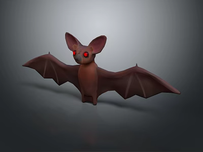 Brown Flying Bat With Large Ears Red Eyes And Spread Wings 3d model