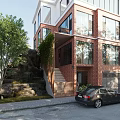 Detached Villa With Red Brick Exterior Large Glass Windows Vines Stone Steps And Rock Features