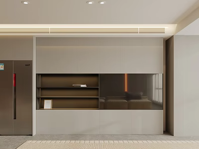 Minimalist Living Room Interior With Built in Storage Cabinets And Silver Refrigerator Ceiling Lights 3d model