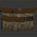 Dilapidated Old Wooden House With Broken Red Roof Tiles And Exposed Structure