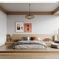 Japanese Bedroom Interior With Platform Bed Wooden Flooring Hanging Lamp And Decorative Paintings
