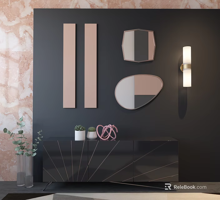 Black TV Stand With Geometric Patterns Decorative Mirrors Wall Sconce And Marble Accent 3d model 