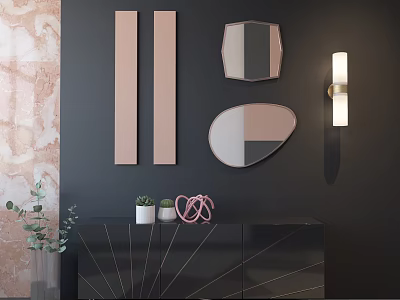 Black TV Stand With Geometric Patterns Decorative Mirrors Wall Sconce And Marble Accent 3d model