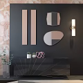 Black TV Stand With Geometric Patterns Decorative Mirrors Wall Sconce And Marble Accent